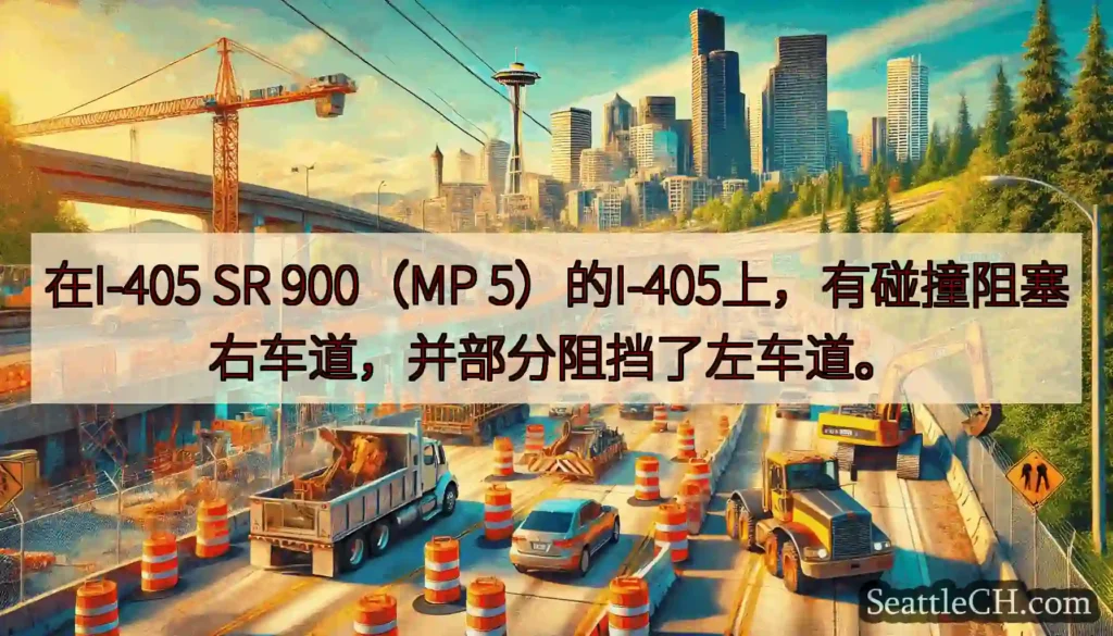 在I-405 SR 900（MP 5）的I-405上，有碰撞阻塞右车道，并部分阻挡了左车道。