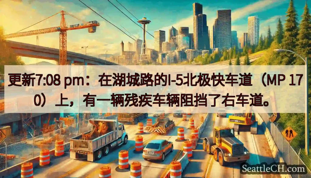 更新7:08 pm：在湖城路的I-5北极快车道（MP 170）上，有一辆残疾车辆阻挡了右车道。