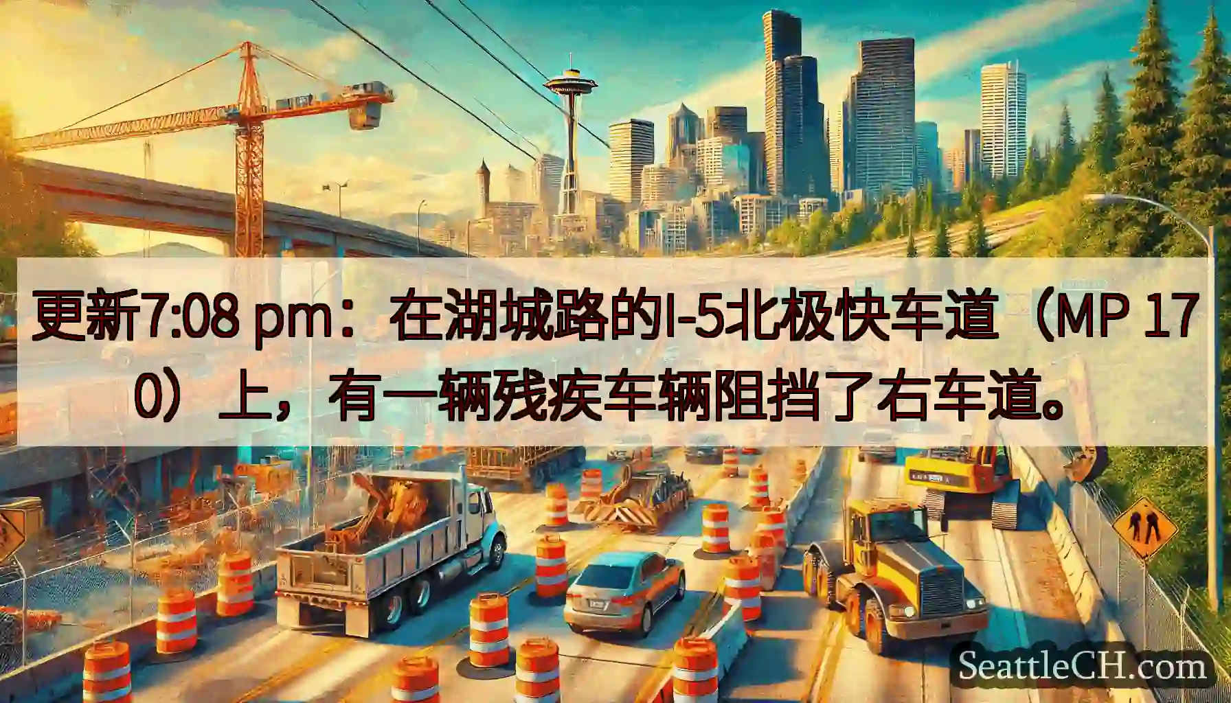 更新7:08 pm：在湖城路的I-5北极快车道（MP 170）上，有一辆残疾车辆阻挡了右车道。
