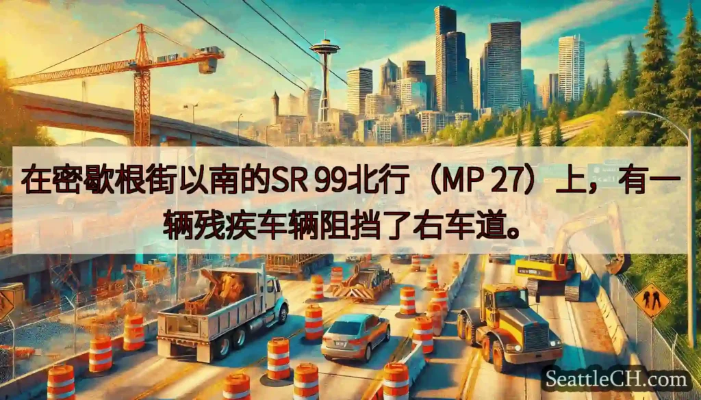 在密歇根街以南的SR 99北行（MP 27）上，有一辆残疾车辆阻挡了右车道。