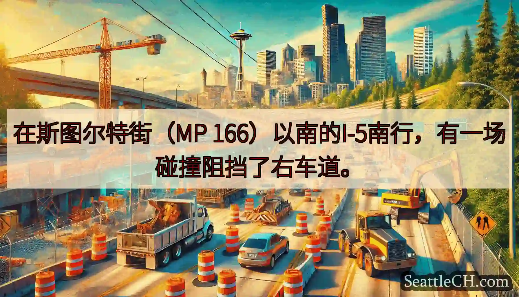 在斯图尔特街（MP 166）以南的I-5南行，有一场碰撞阻挡了右车道。