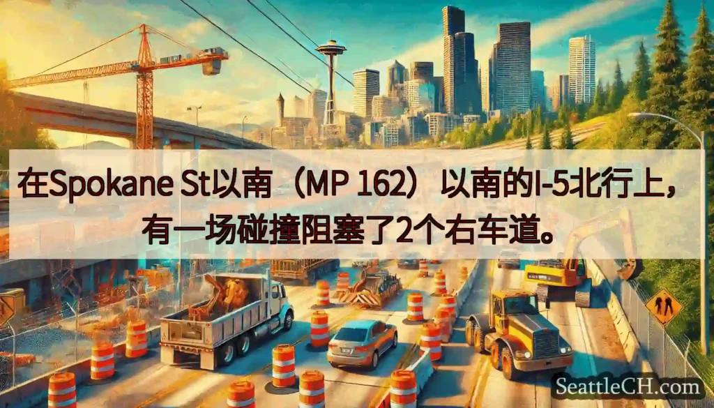 在Spokane St以南（MP 162）以南的I-5北行上，有一场碰撞阻塞了2个右车道。