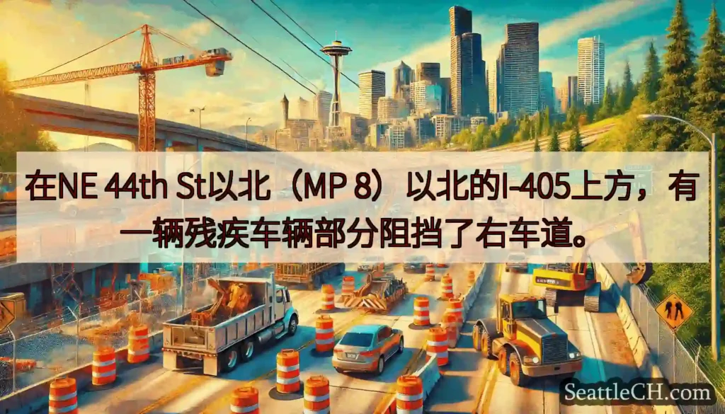 在NE 44th St以北（MP 8）以北的I-405上方，有一辆残疾车辆部分阻挡了右车道。
