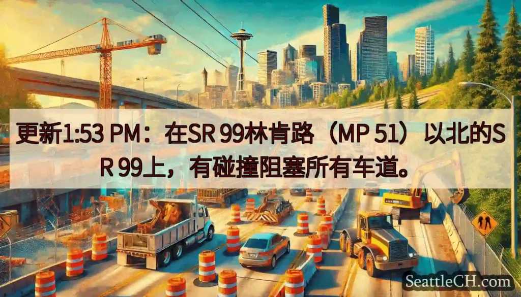 更新1:53 PM：在SR 99林肯路（MP 51）以北的SR 99上，有碰撞阻塞所有车道。