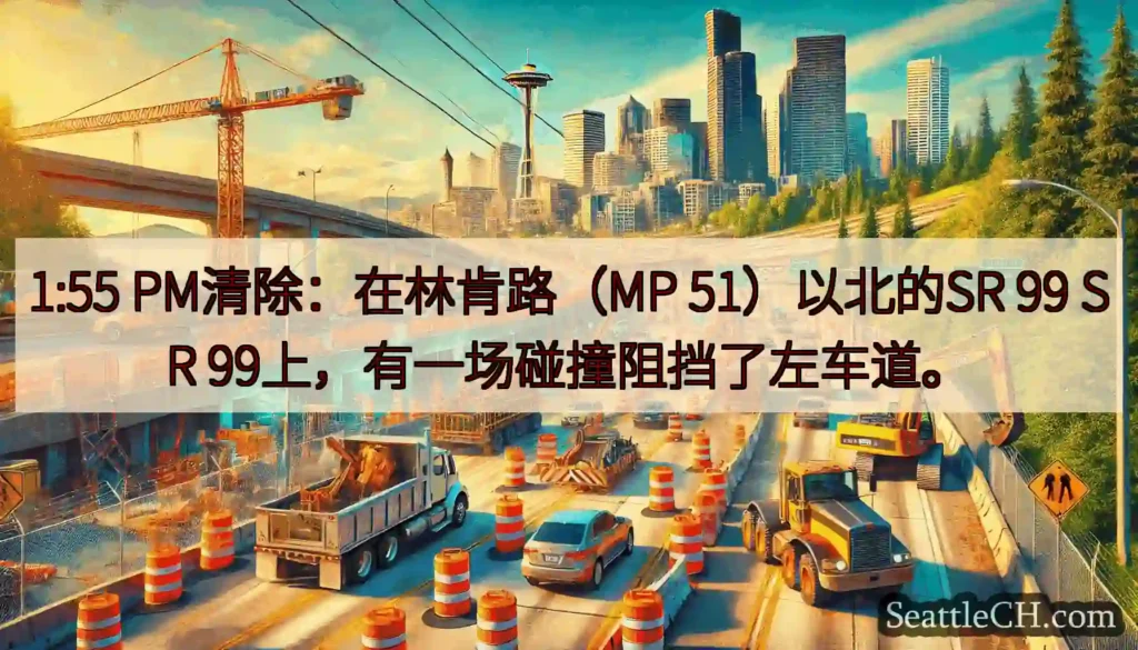 1:55 PM清除：在林肯路（MP 51）以北的SR 99 SR 99上，有一场碰撞阻挡了左车道。