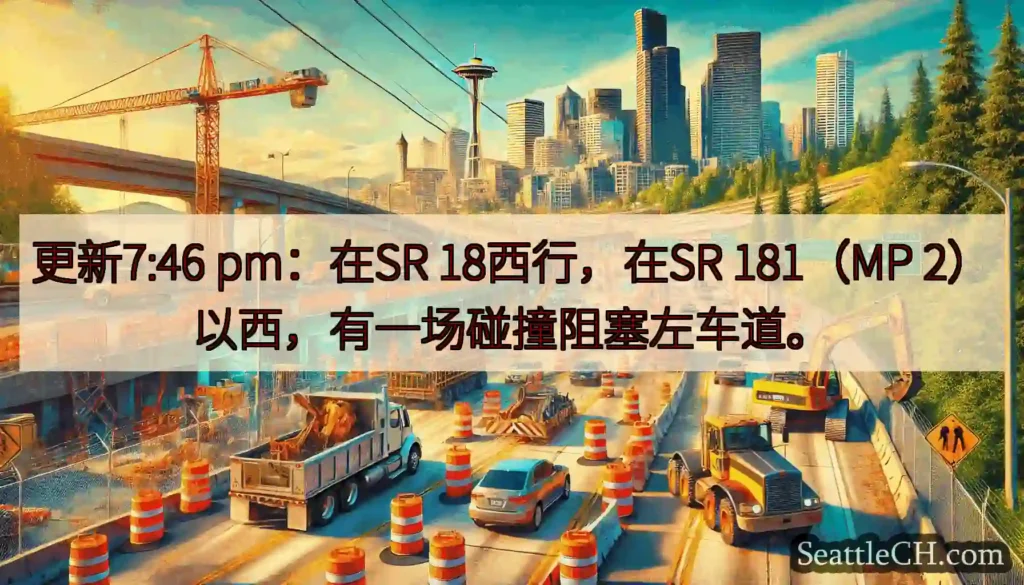 更新7:46 pm：在SR 18西行，在SR 181（MP 2）以西，有一场碰撞阻塞左车道。