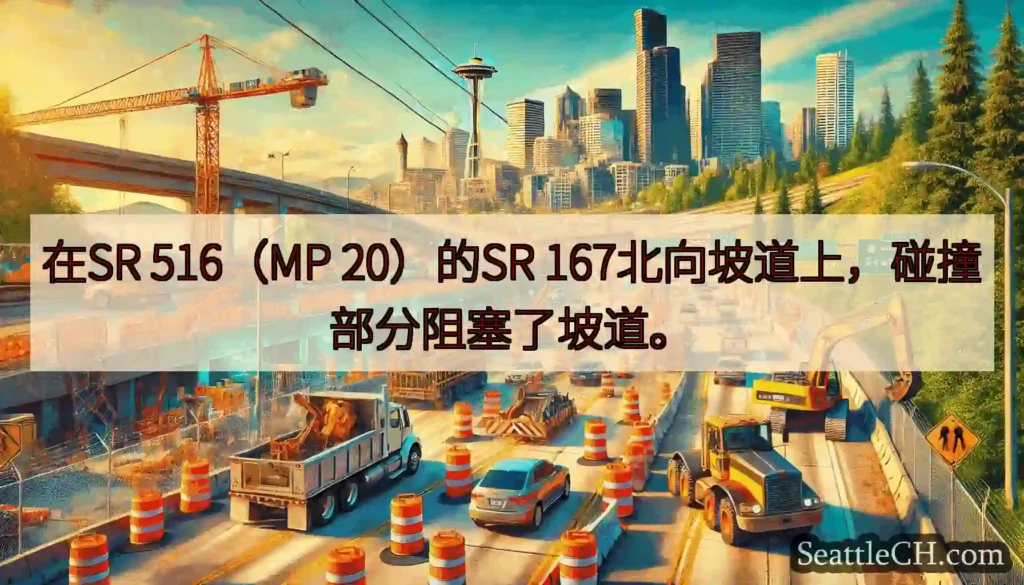 在SR 516（MP 20）的SR 167北向坡道上，碰撞部分阻塞了坡道。