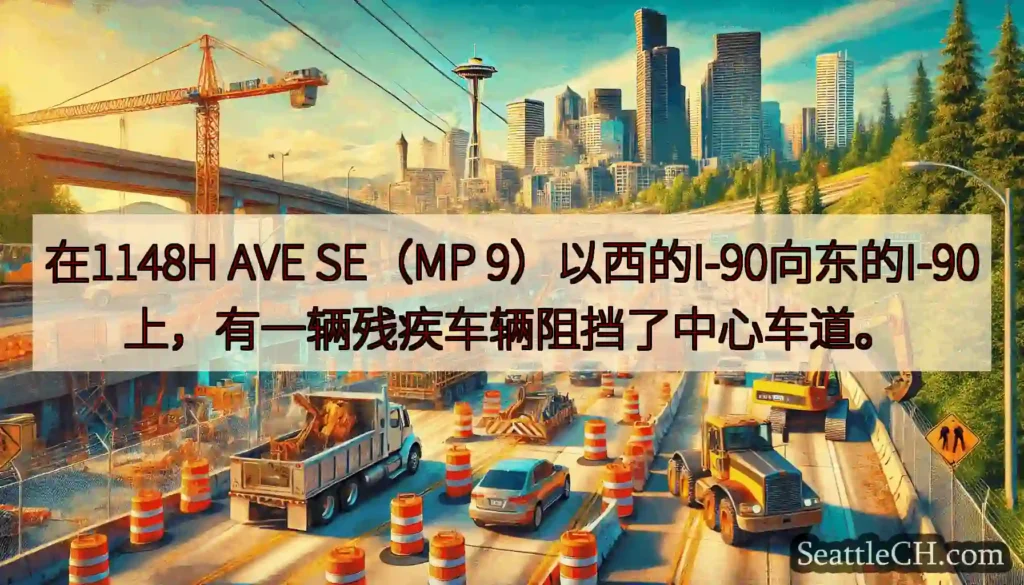 在1148H AVE SE（MP 9）以西的I-90向东的I-90上，有一辆残疾车辆阻挡了中心车道。