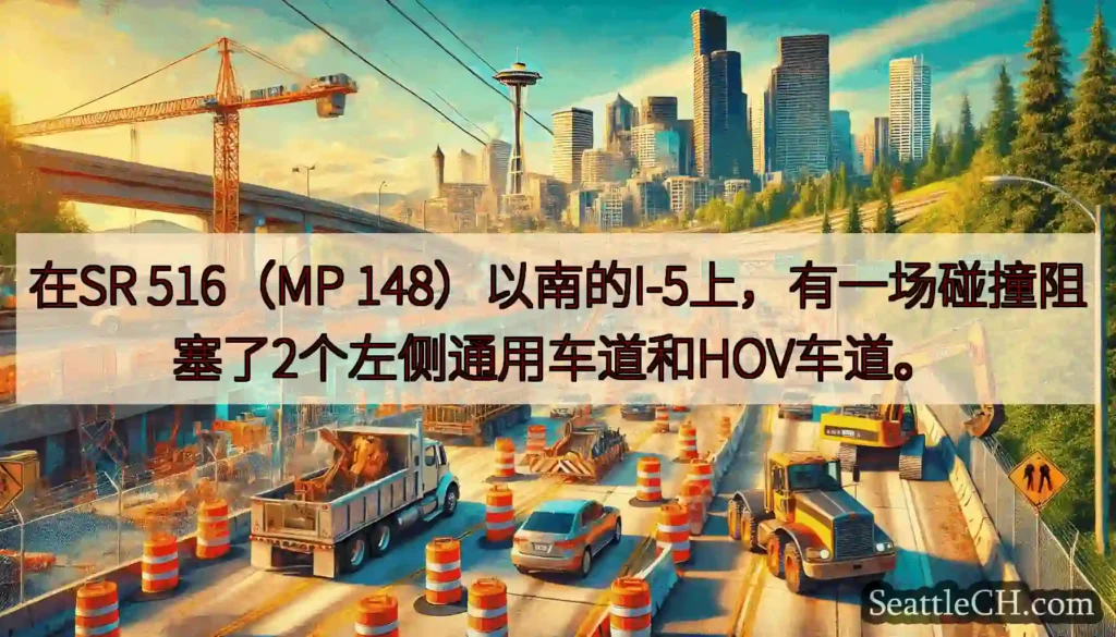 在SR 516（MP 148）以南的I-5上，有一场碰撞阻塞了2个左侧通用车道和HOV车道。