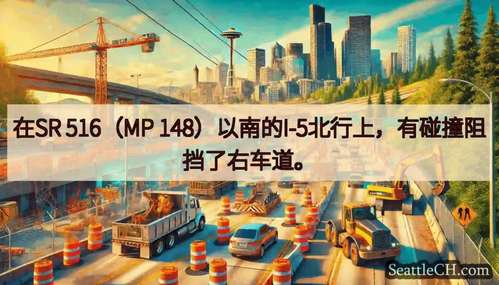 在SR 516（MP 148）以南的I-5北行上，有碰撞阻挡了右车道。