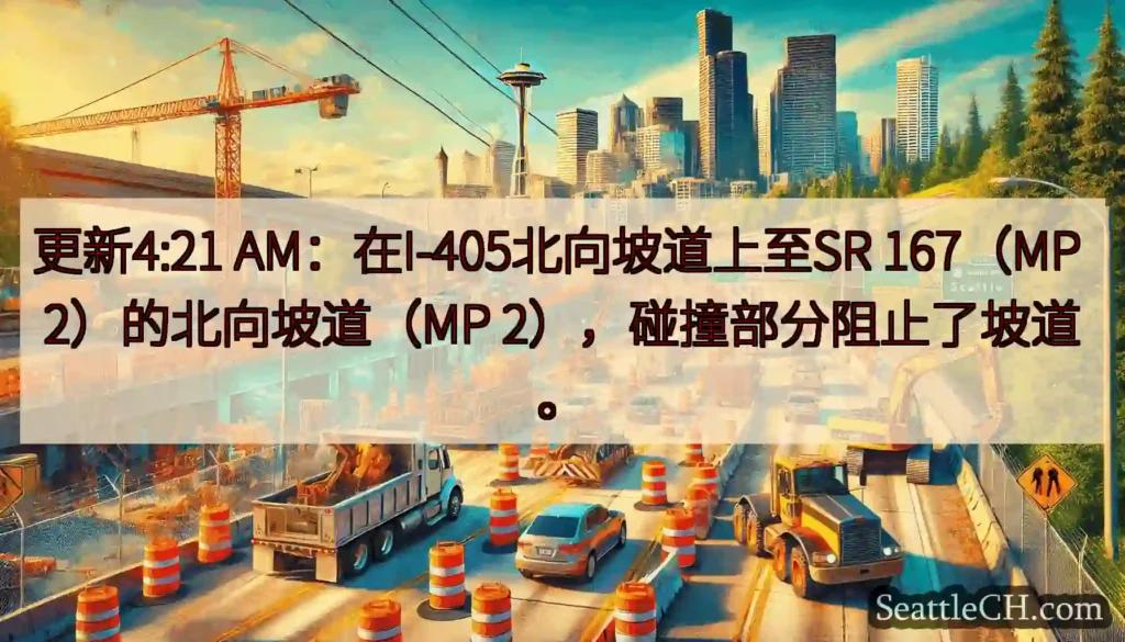 更新4:21 AM：在I-405北向坡道上至SR 167（MP 2）的北向坡道（MP