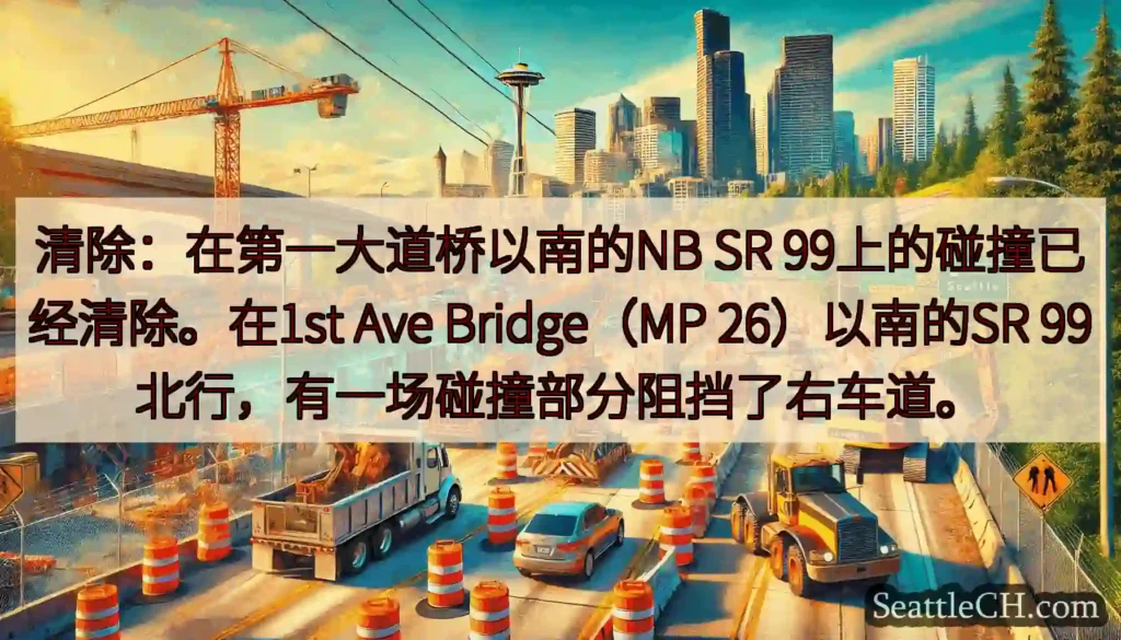 清除：在第一大道桥以南的NB SR 99上的碰撞已经清除。在1st Ave Bridge（MP