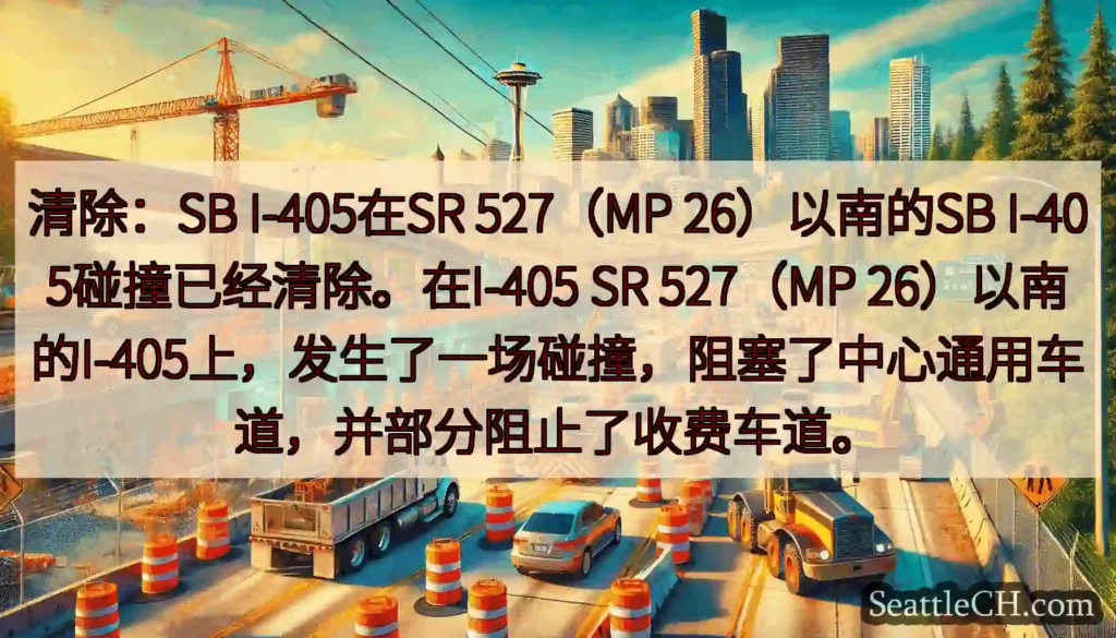 清除：SB I-405在SR 527（MP 26）以南的SB I-405碰撞已经清除。在I-405