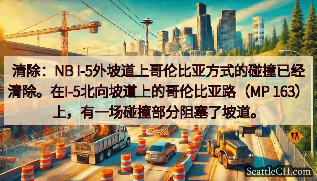 清除：NB I-5外坡道上哥伦比亚方式的碰撞已经清除。在I-5北向坡道上的哥伦比亚路（MP