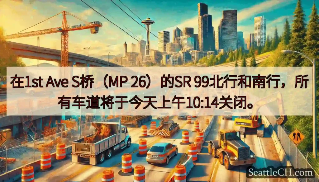 在1st Ave S桥（MP 26）的SR 99北行和南行，所有车道将于今天上午10:14关闭。