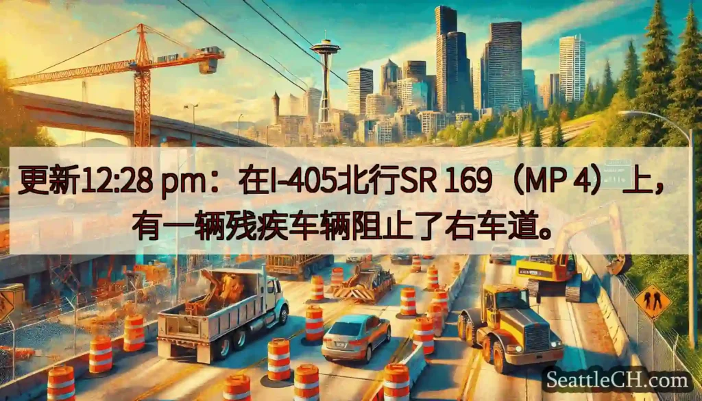 更新12:28 pm：在I-405北行SR 169（MP 4）上，有一辆残疾车辆阻止了右车道。