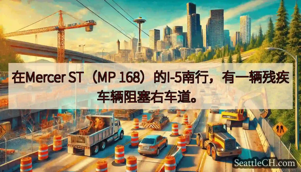 在Mercer ST（MP 168）的I-5南行，有一辆残疾车辆阻塞右车道。