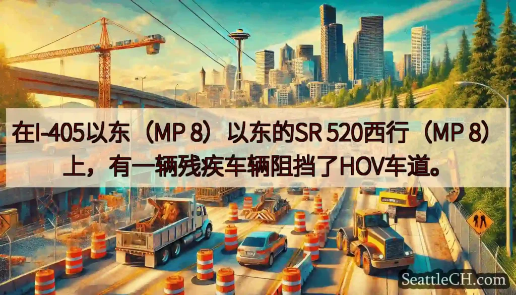 在I-405以东（MP 8）以东的SR 520西行（MP 8）上，有一辆残疾车辆阻挡了HOV车道。