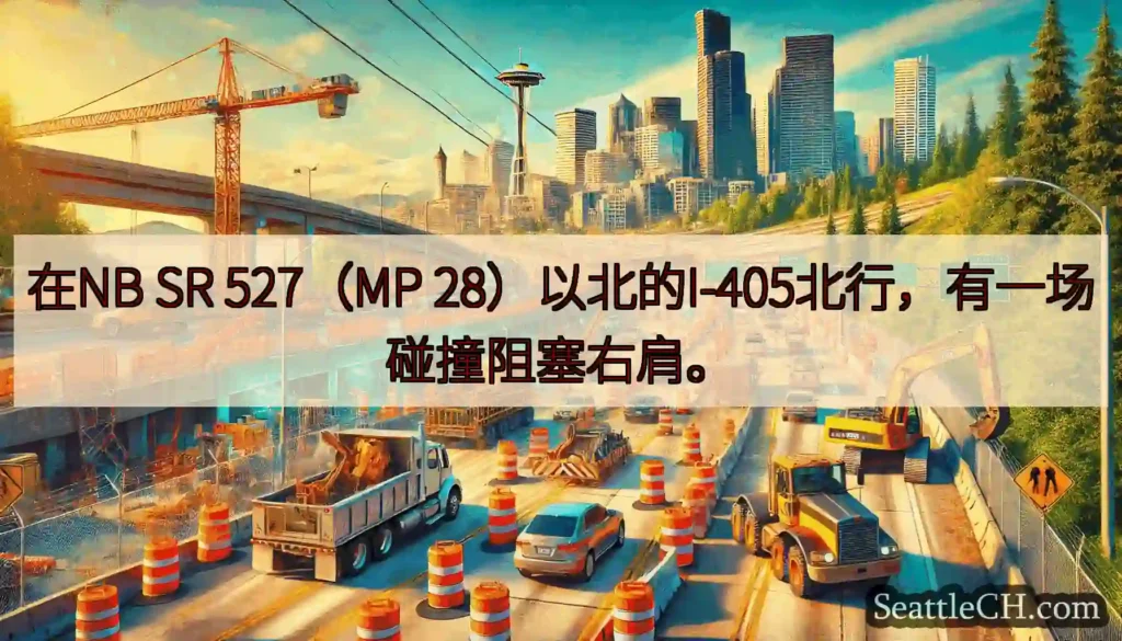 在NB SR 527（MP 28）以北的I-405北行，有一场碰撞阻塞右肩。
