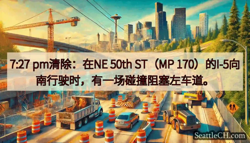 7:27 pm清除：在NE 50th ST（MP 170）的I-5向南行驶时，有一场碰撞阻塞左车道。