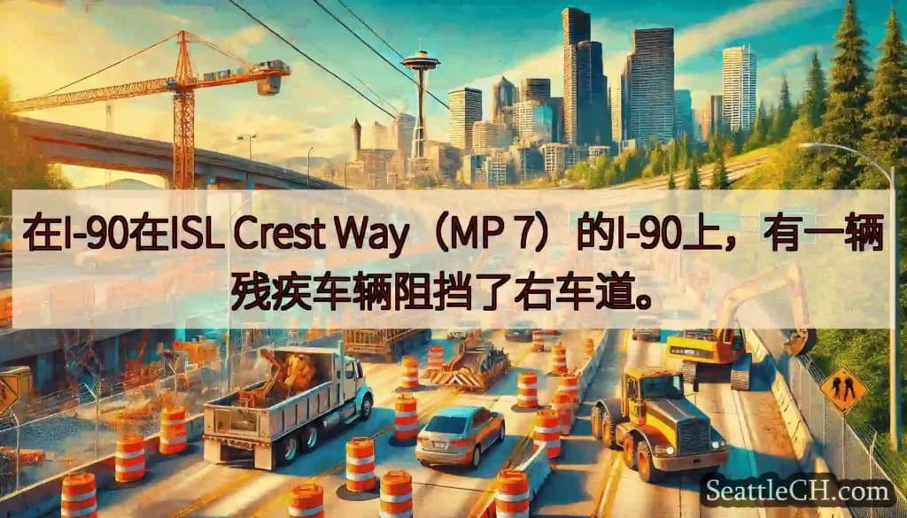 在I-90在ISL Crest Way（MP 7）的I-90上，有一辆残疾车辆阻挡了右车道。