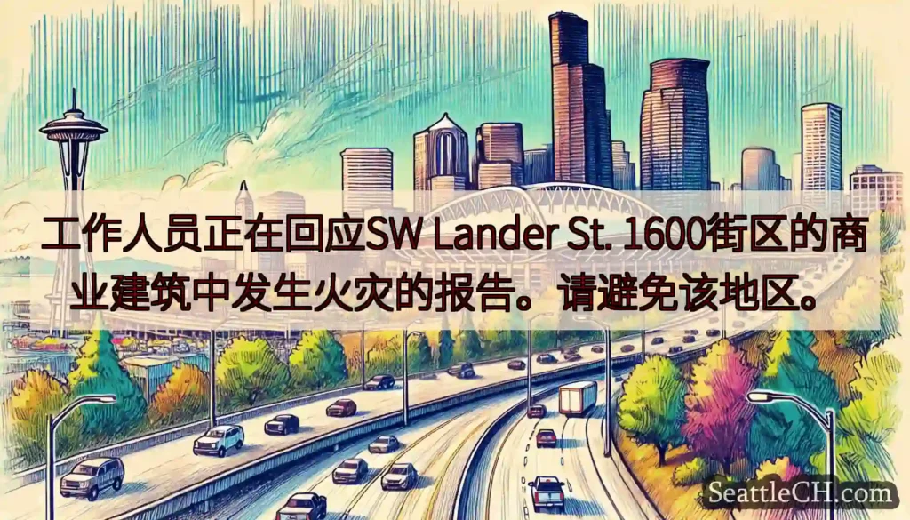 工作人员正在回应SW Lander St. 1600街区的商业建筑中发生火灾的报告。请避免该地区。