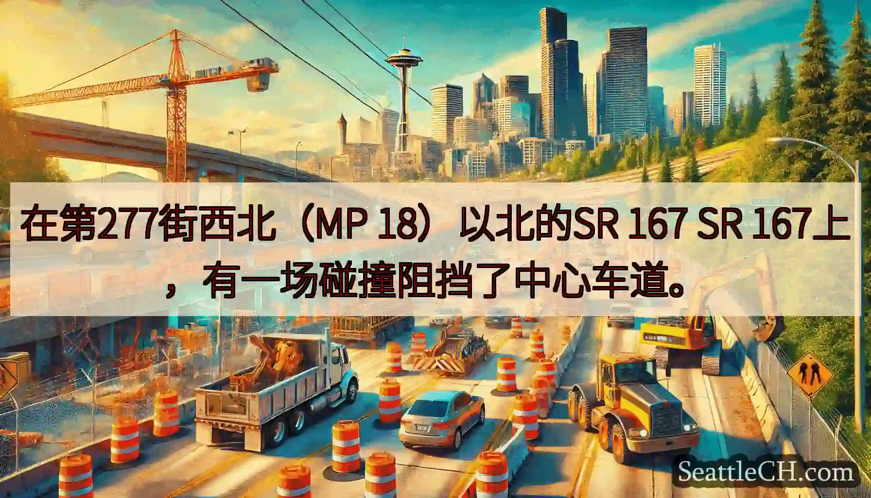 在第277街西北（MP 18）以北的SR 167 SR 167上，有一场碰撞阻挡了中心车道。