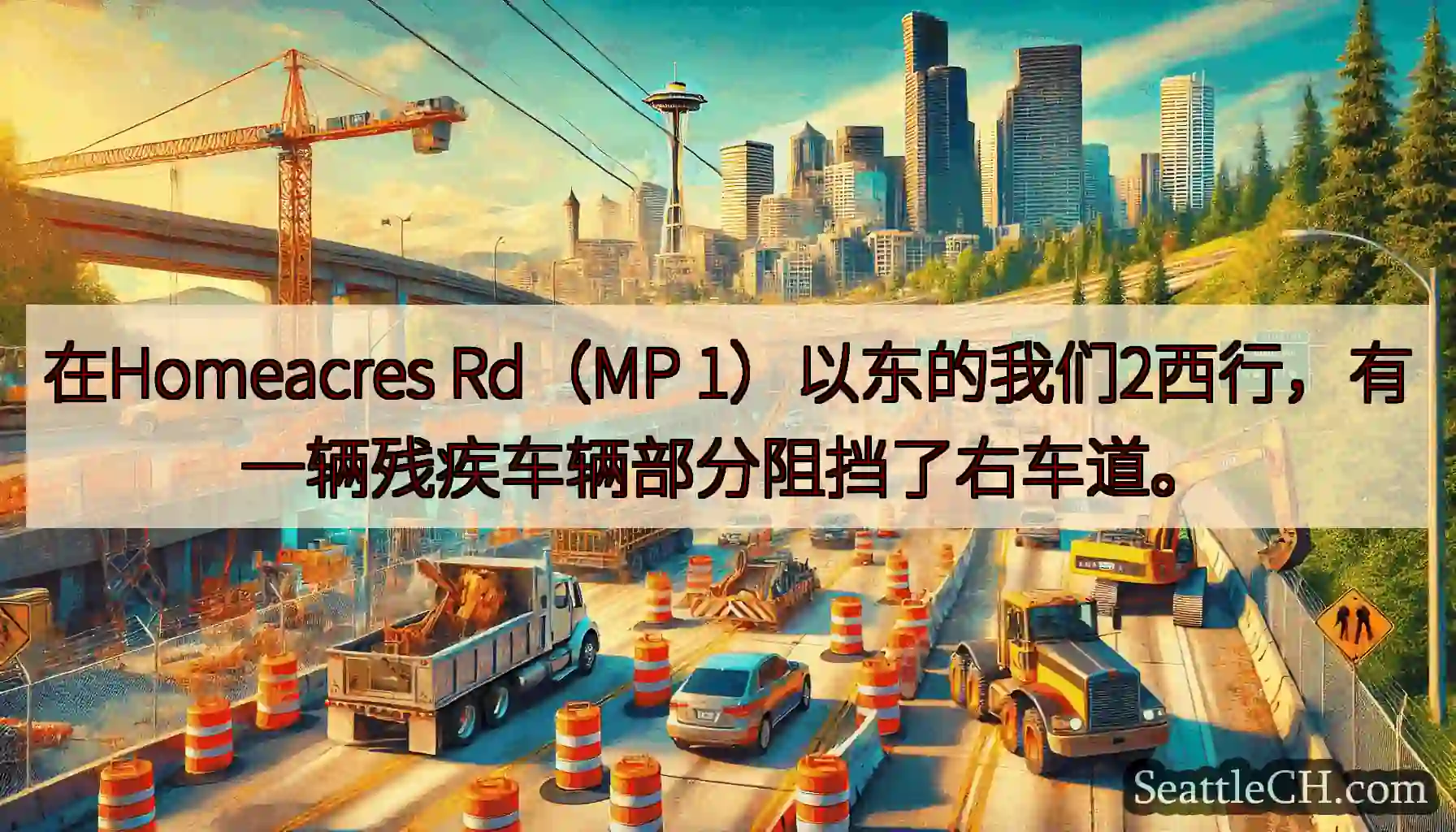 在Homeacres Rd（MP 1）以东的我们2西行，有一辆残疾车辆部分阻挡了右车道。