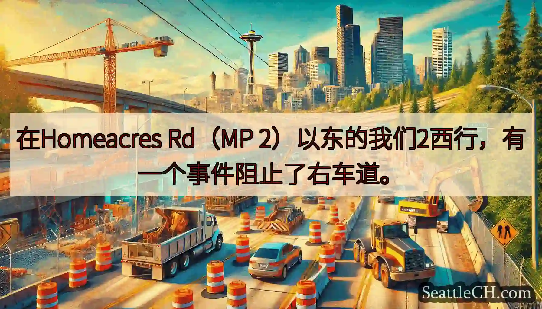 在Homeacres Rd（MP 2）以东的我们2西行，有一个事件阻止了右车道。