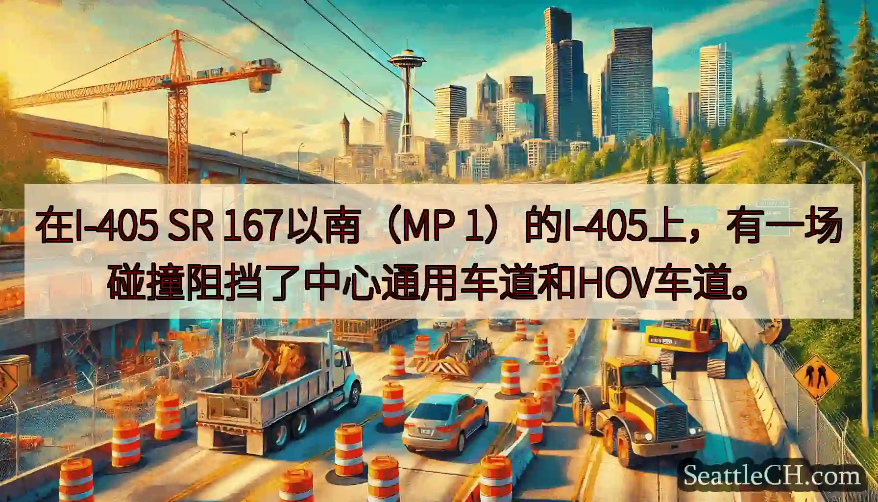 在I-405 SR 167以南（MP 1）的I-405上，有一场碰撞阻挡了中心通用车道和HOV车道。