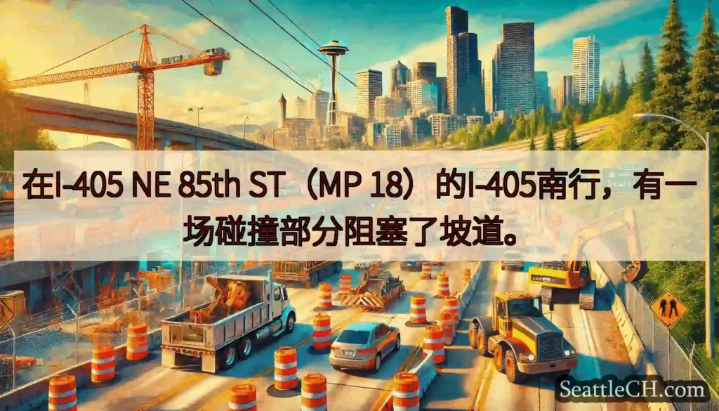 在I-405 NE 85th ST（MP 18）的I-405南行，有一场碰撞部分阻塞了坡道。