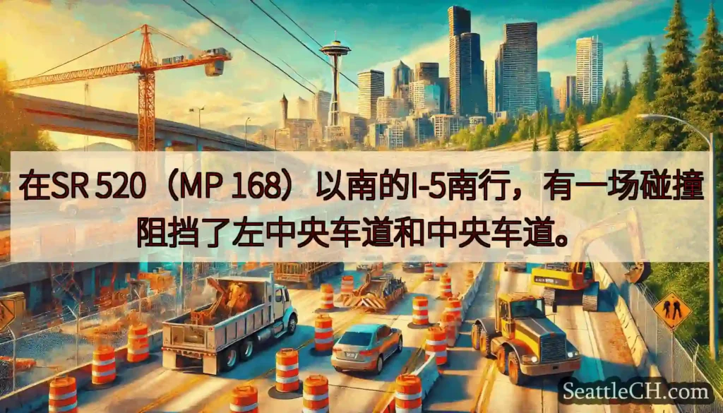 在SR 520（MP 168）以南的I-5南行，有一场碰撞阻挡了左中央车道和中央车道。