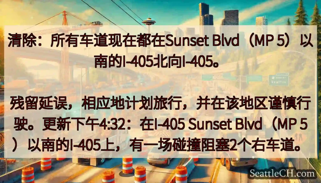 清除：所有车道现在都在Sunset Blvd（MP 5）以南的I-405北向I-405。