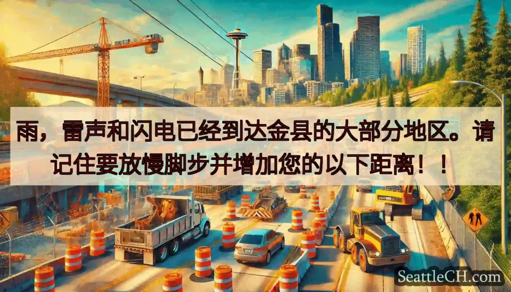 雨，雷声和闪电已经到达金县的大部分地区。请记住要放慢脚步并增加您的以下距离！！