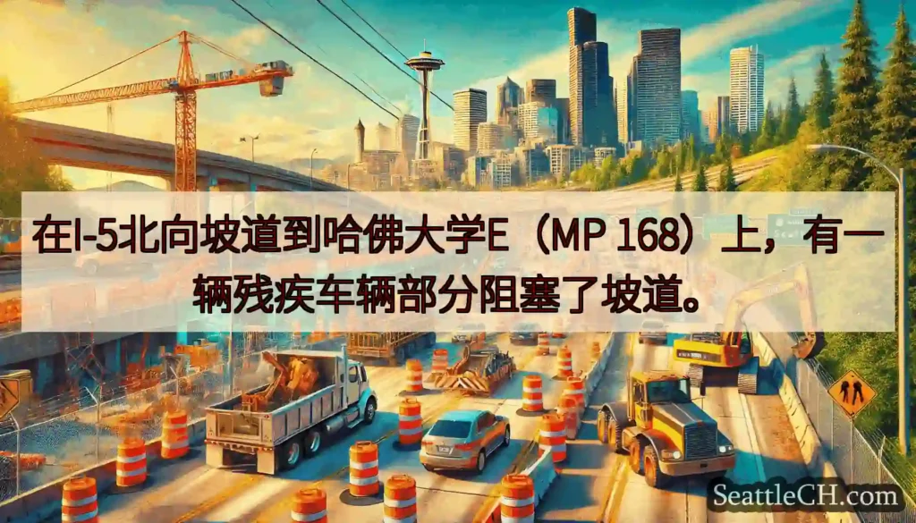 在I-5北向坡道到哈佛大学E（MP 168）上，有一辆残疾车辆部分阻塞了坡道。