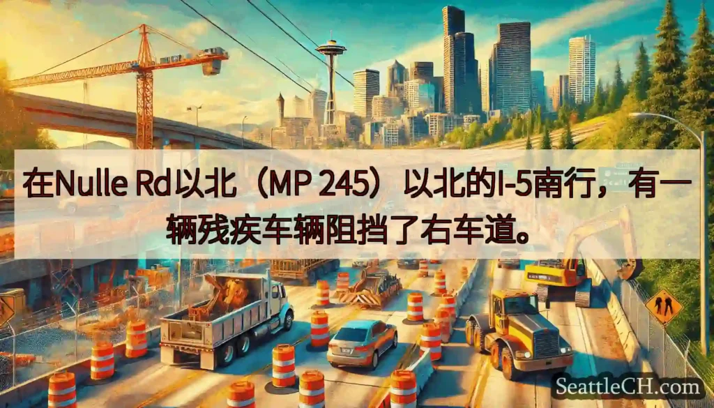 在Nulle Rd以北（MP 245）以北的I-5南行，有一辆残疾车辆阻挡了右车道。