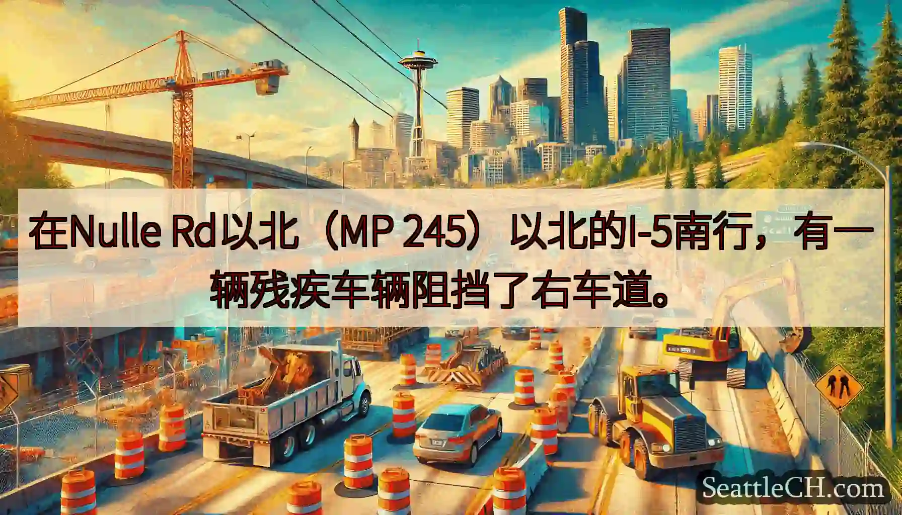 在Nulle Rd以北（MP 245）以北的I-5南行，有一辆残疾车辆阻挡了右车道。