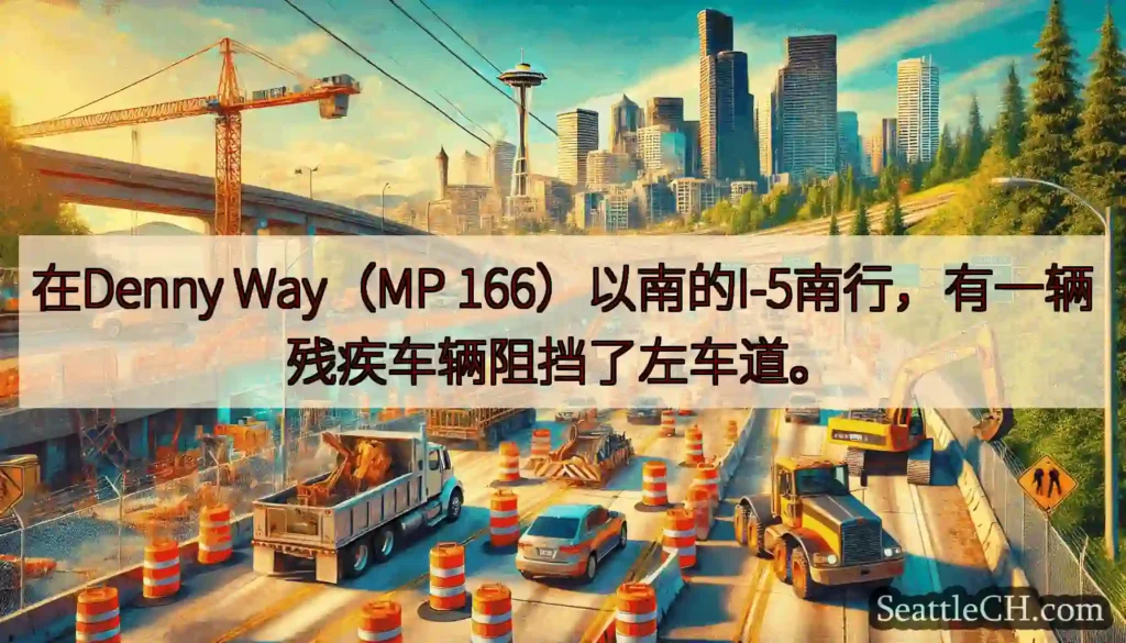 在Denny Way（MP 166）以南的I-5南行，有一辆残疾车辆阻挡了左车道。