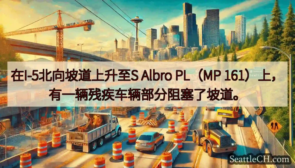 在I-5北向坡道上升至S Albro PL（MP 161）上，有一辆残疾车辆部分阻塞了坡道。