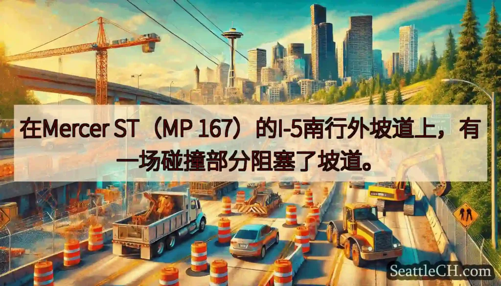 在Mercer ST（MP 167）的I-5南行外坡道上，有一场碰撞部分阻塞了坡道。