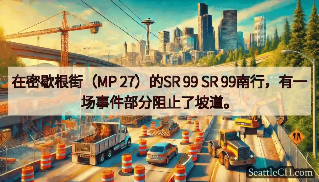 在密歇根街（MP 27）的SR 99 SR 99南行，有一场事件部分阻止了坡道。