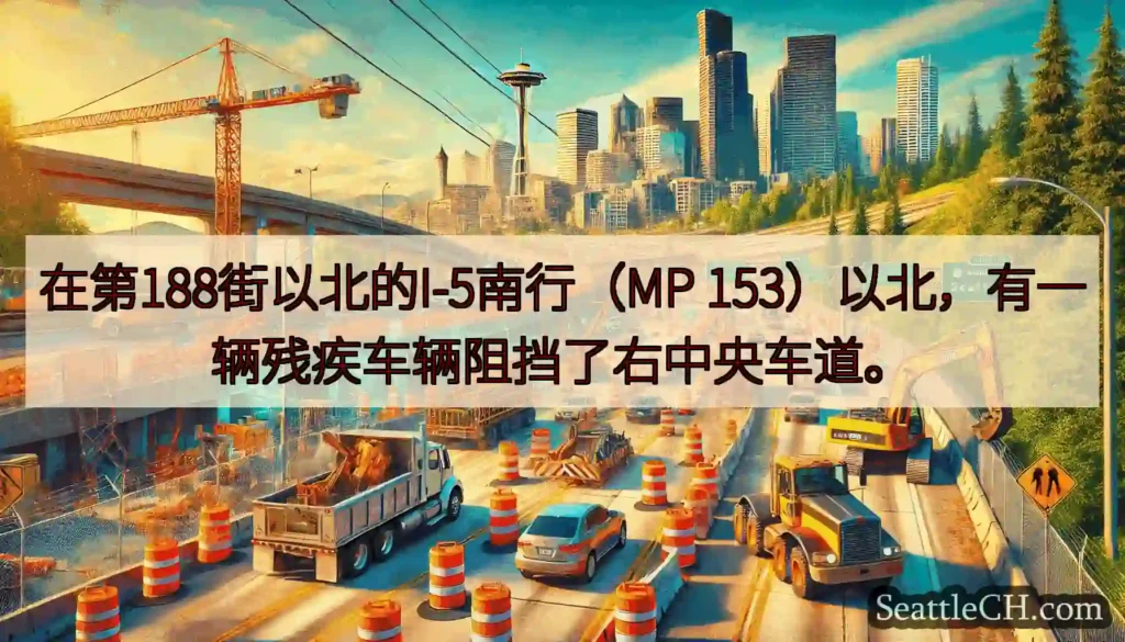 在第188街以北的I-5南行（MP 153）以北，有一辆残疾车辆阻挡了右中央车道。