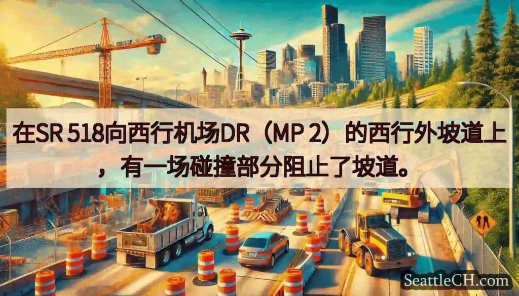 在SR 518向西行机场DR（MP 2）的西行外坡道上，有一场碰撞部分阻止了坡道。