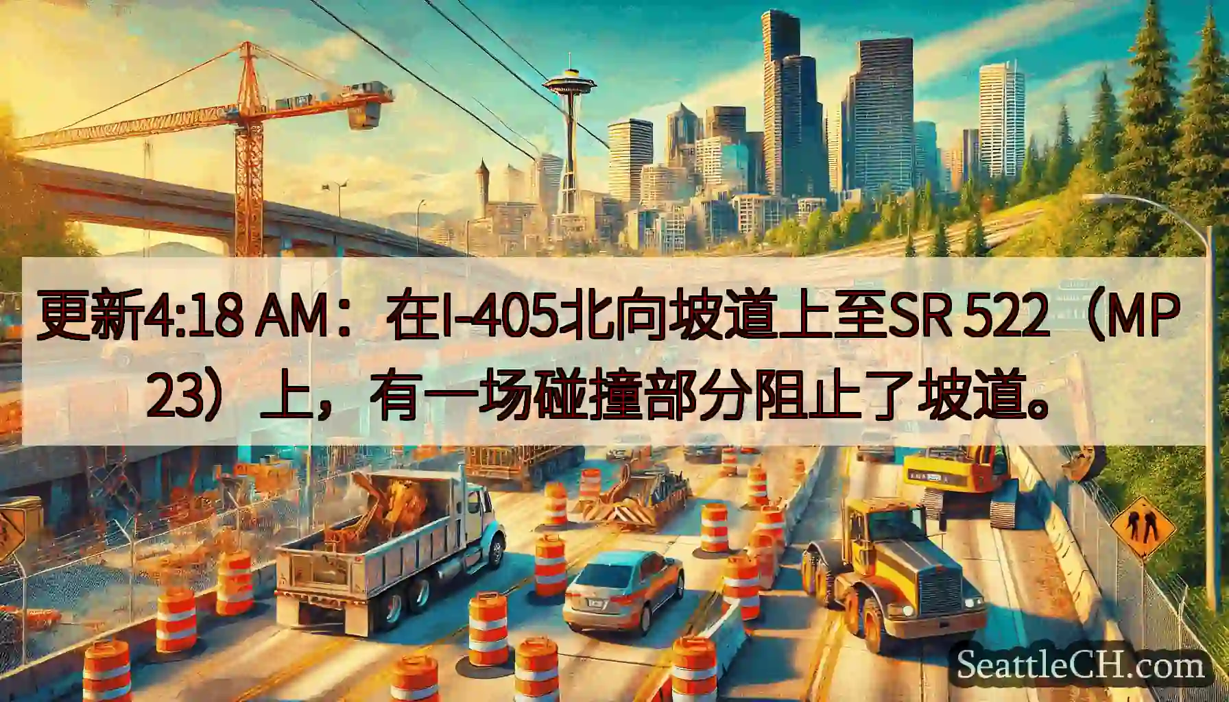 更新4:18 AM：在I-405北向坡道上至SR 522（MP 23）上，有一场碰撞部分阻止了坡道。