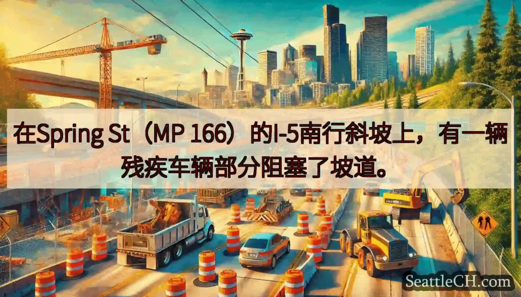 在Spring St（MP 166）的I-5南行斜坡上，有一辆残疾车辆部分阻塞了坡道。