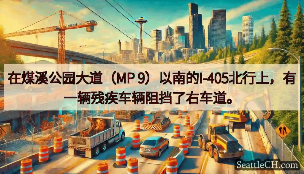 在煤溪公园大道（MP 9）以南的I-405北行上，有一辆残疾车辆阻挡了右车道。