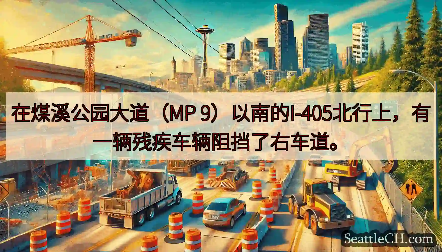 在煤溪公园大道（MP 9）以南的I-405北行上，有一辆残疾车辆阻挡了右车道。