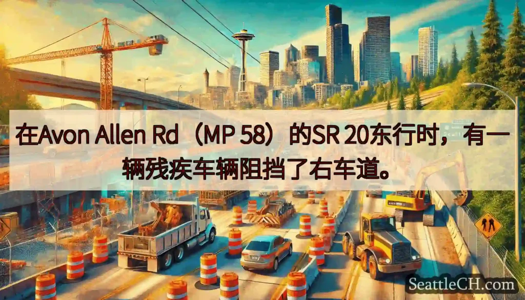在Avon Allen Rd（MP 58）的SR 20东行时，有一辆残疾车辆阻挡了右车道。