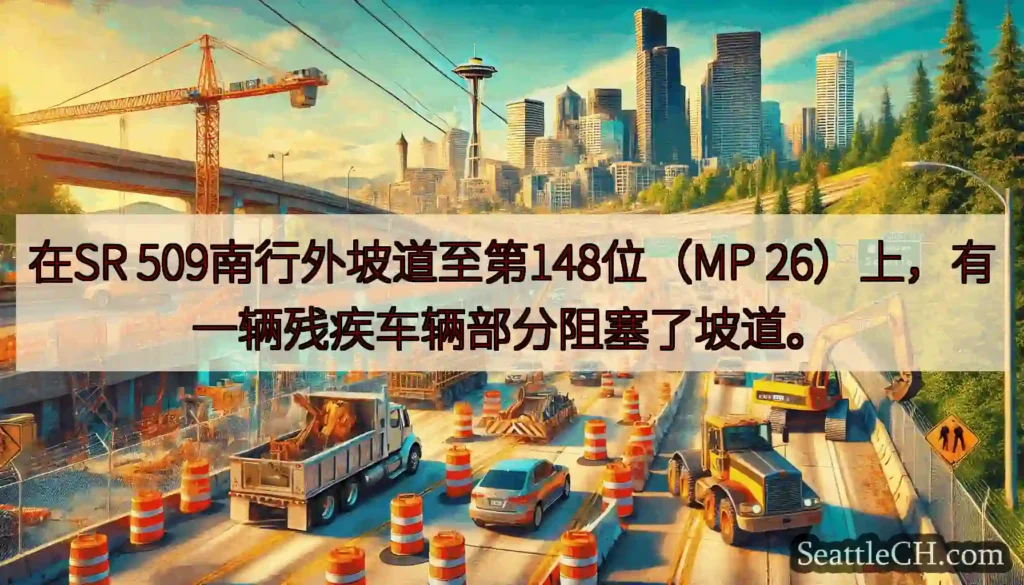 在SR 509南行外坡道至第148位（MP 26）上，有一辆残疾车辆部分阻塞了坡道。