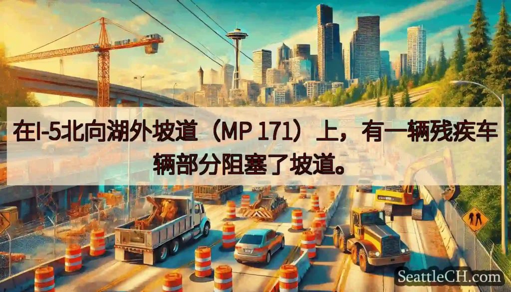 在I-5北向湖外坡道（MP 171）上，有一辆残疾车辆部分阻塞了坡道。